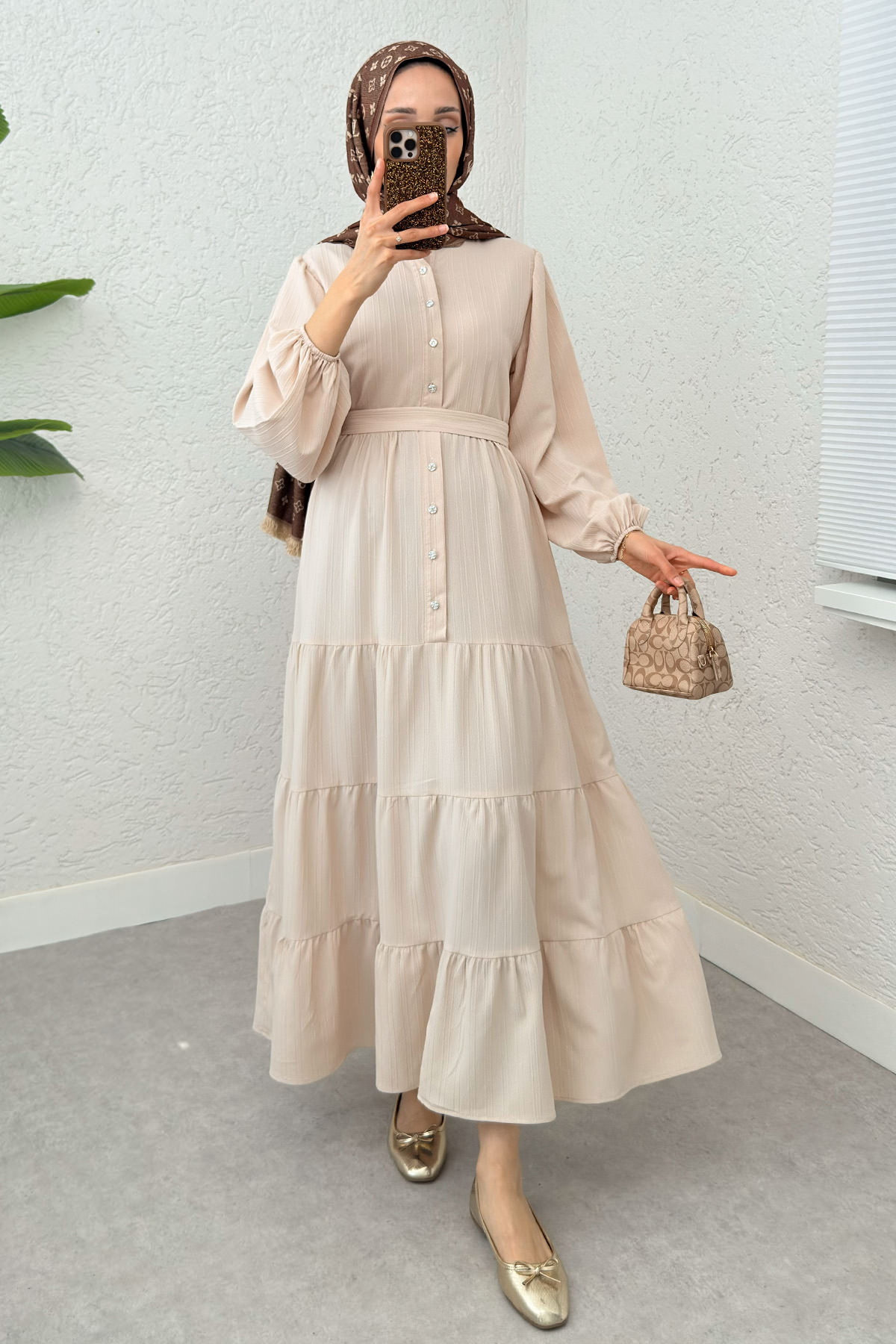 Hakim Yaka Tesettür Elbise 2268 - TAŞ RENGİ |  