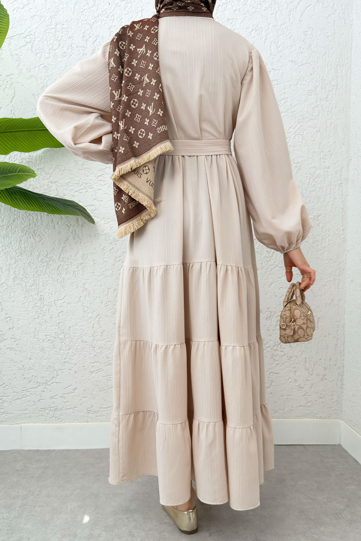 Hakim Yaka Tesettür Elbise 2268 - TAŞ RENGİ |  