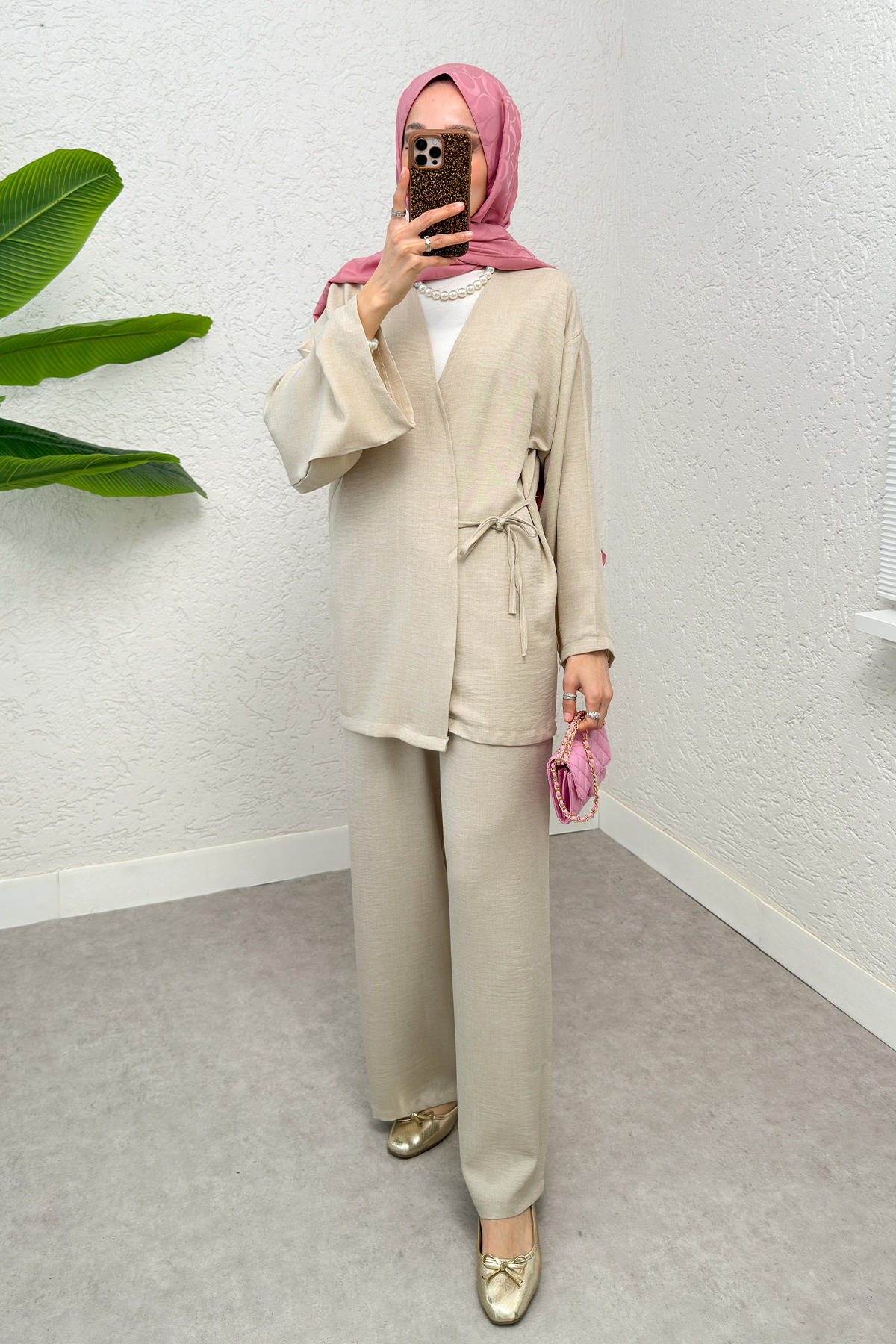 Yandan Bağlamalı Kimono Takım 3000 - TAŞ RENGİ |  