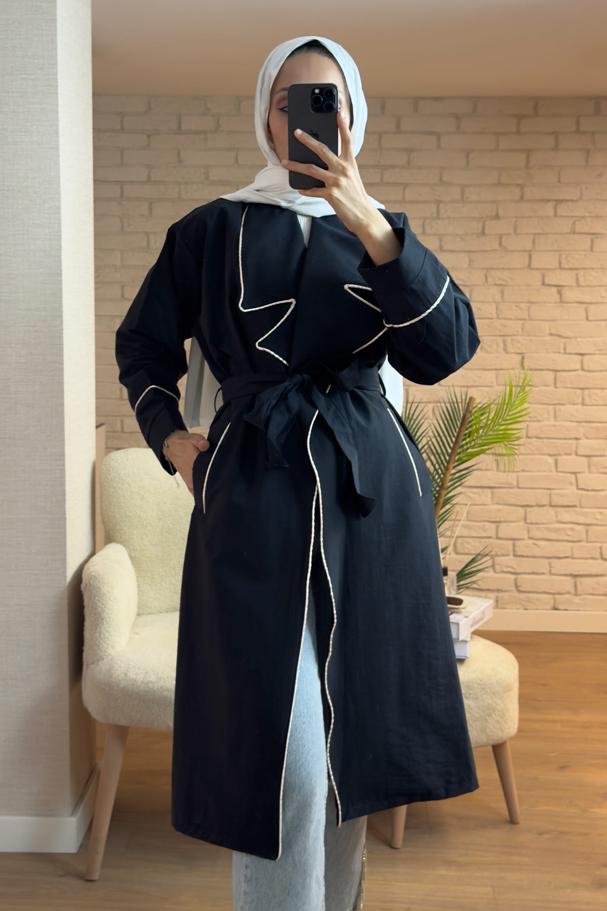 2157 Biye Detaylı Kuşaklı Trençkot - SİYAH |  