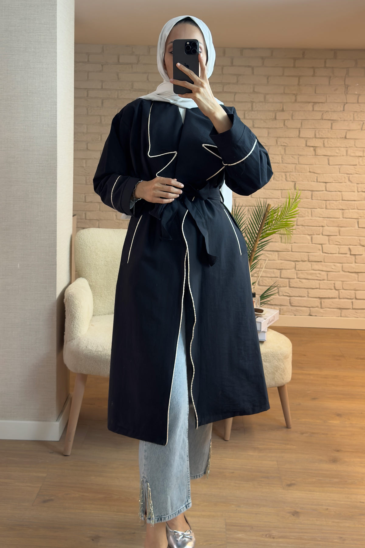 2157 Biye Detaylı Kuşaklı Trençkot - SİYAH |  