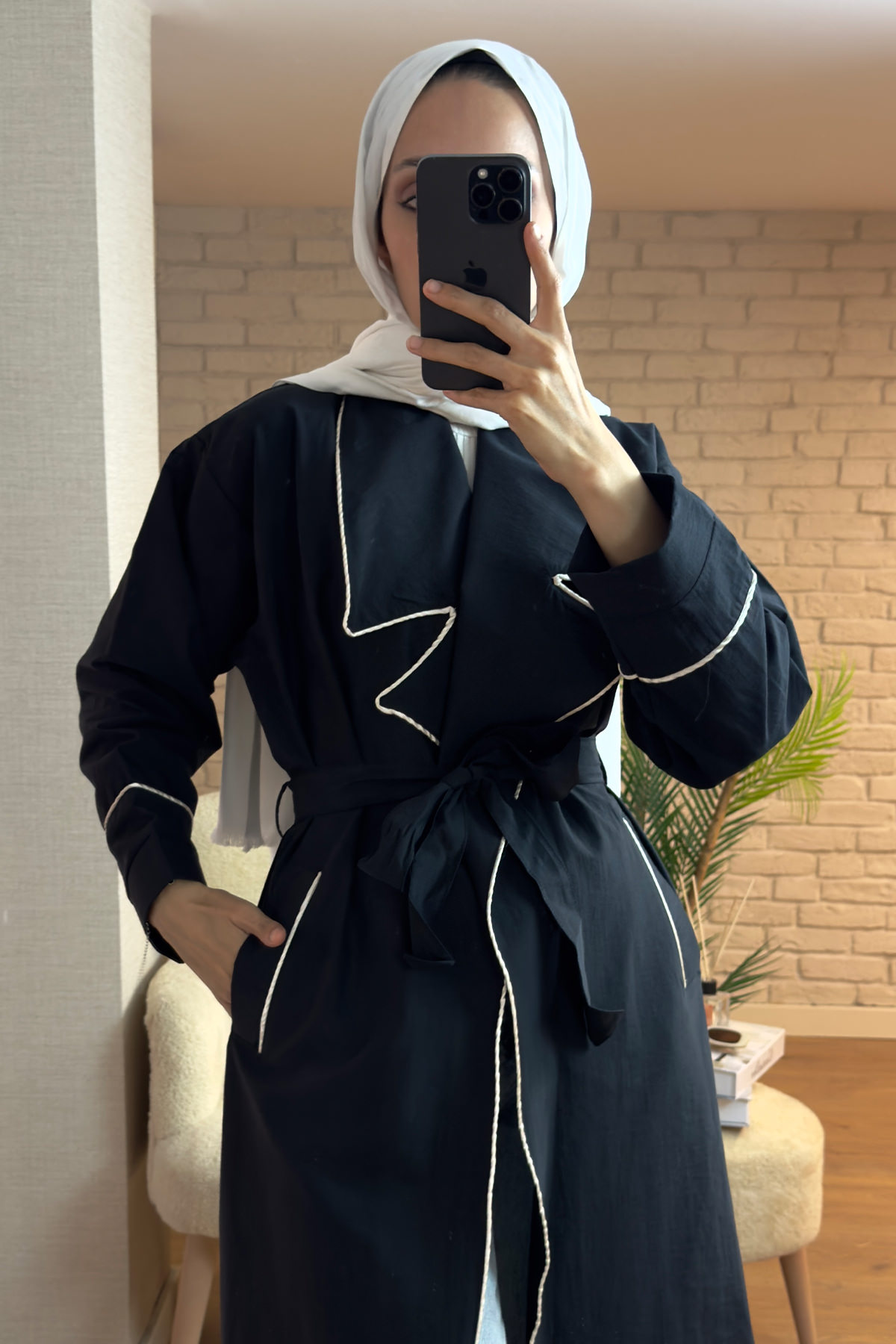 2157 Biye Detaylı Kuşaklı Trençkot - SİYAH |  