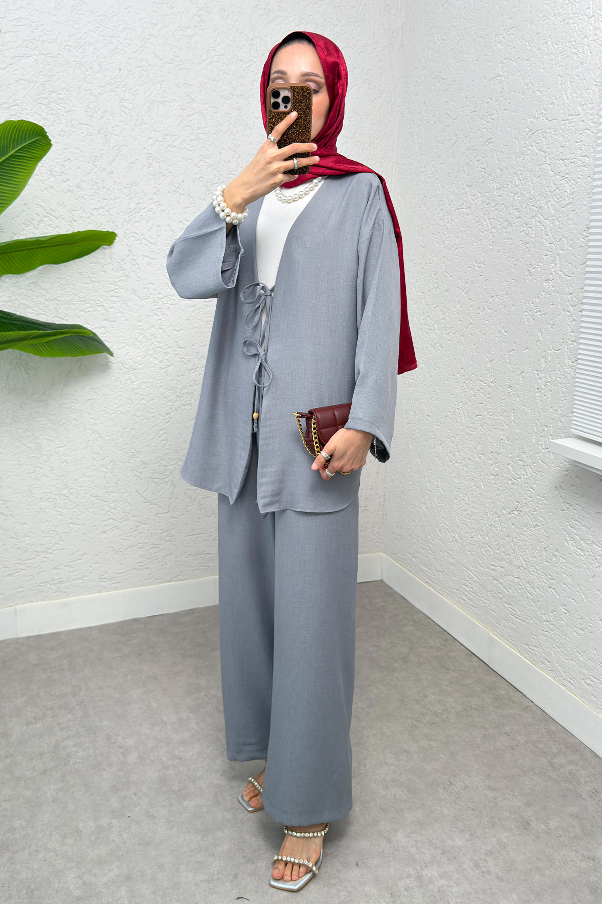 Ön Bağcıklı Kimono Takım 3007 - GRİ |  