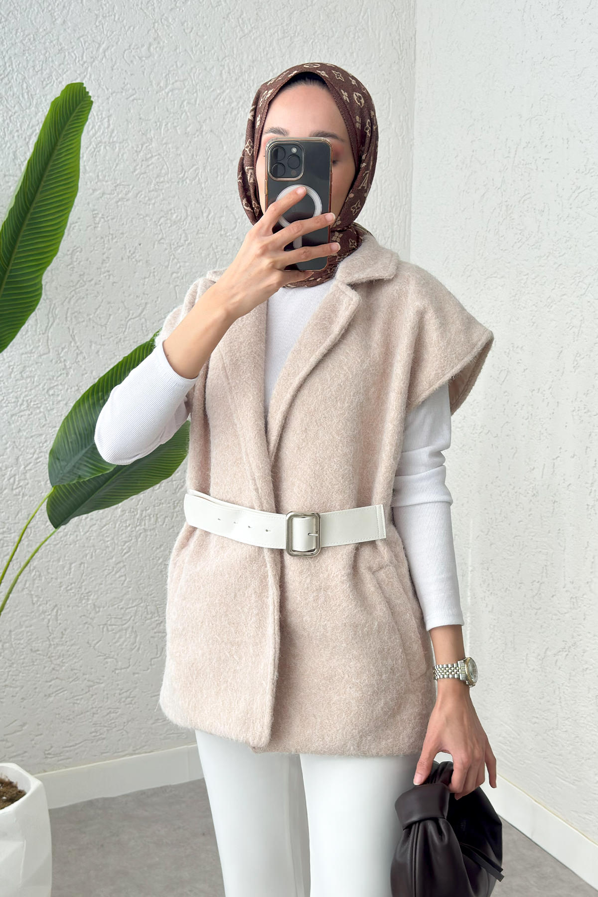 Sabit Kemerli Keçe Yelek 3031 - TAŞ RENGİ |  