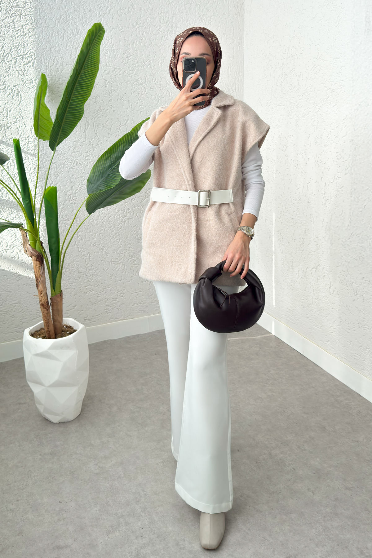 Sabit Kemerli Keçe Yelek 3031 - TAŞ RENGİ |  