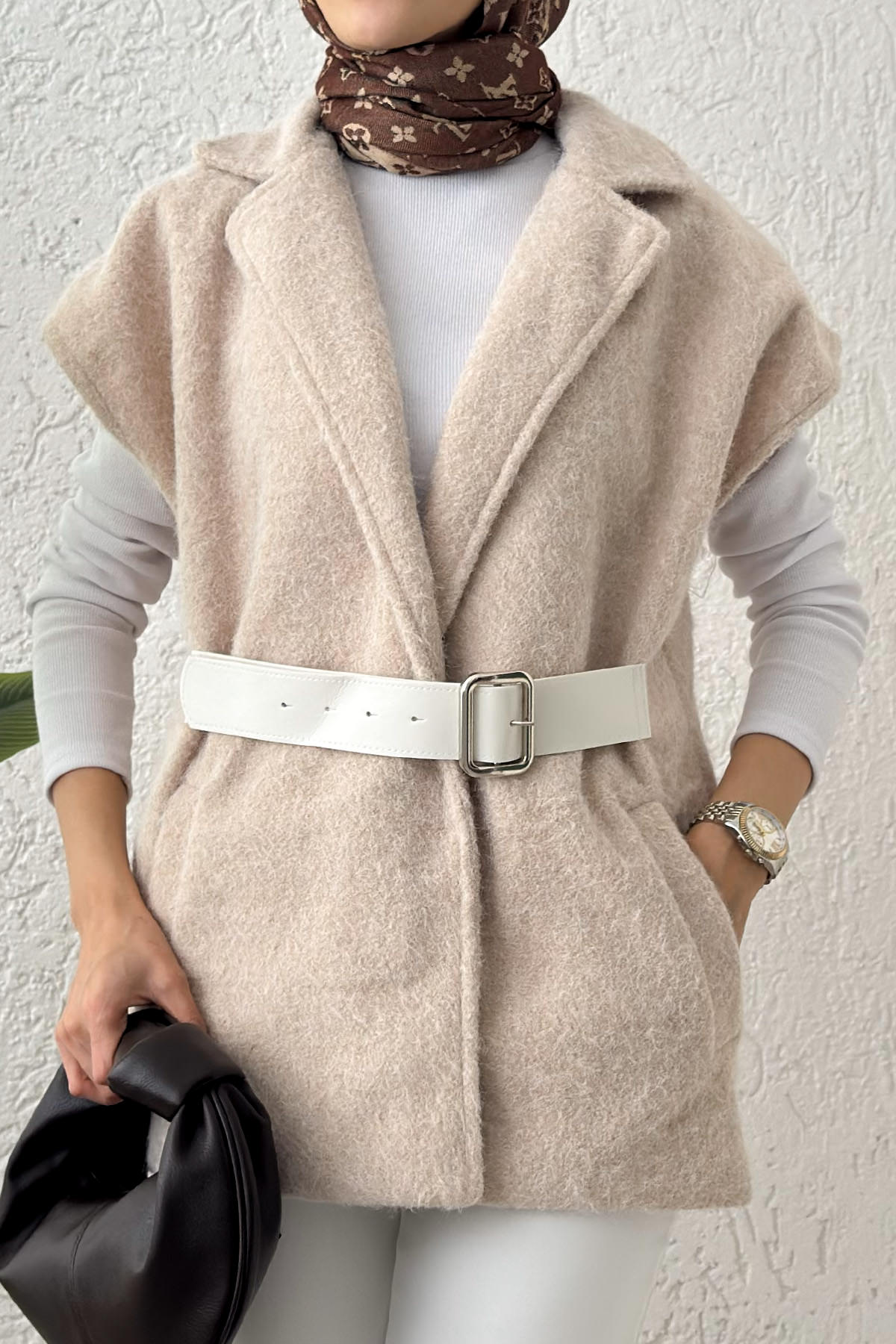 Sabit Kemerli Keçe Yelek 3031 - TAŞ RENGİ |  