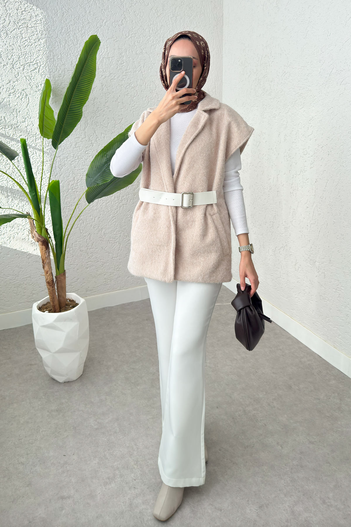 Sabit Kemerli Keçe Yelek 3031 - TAŞ RENGİ |  