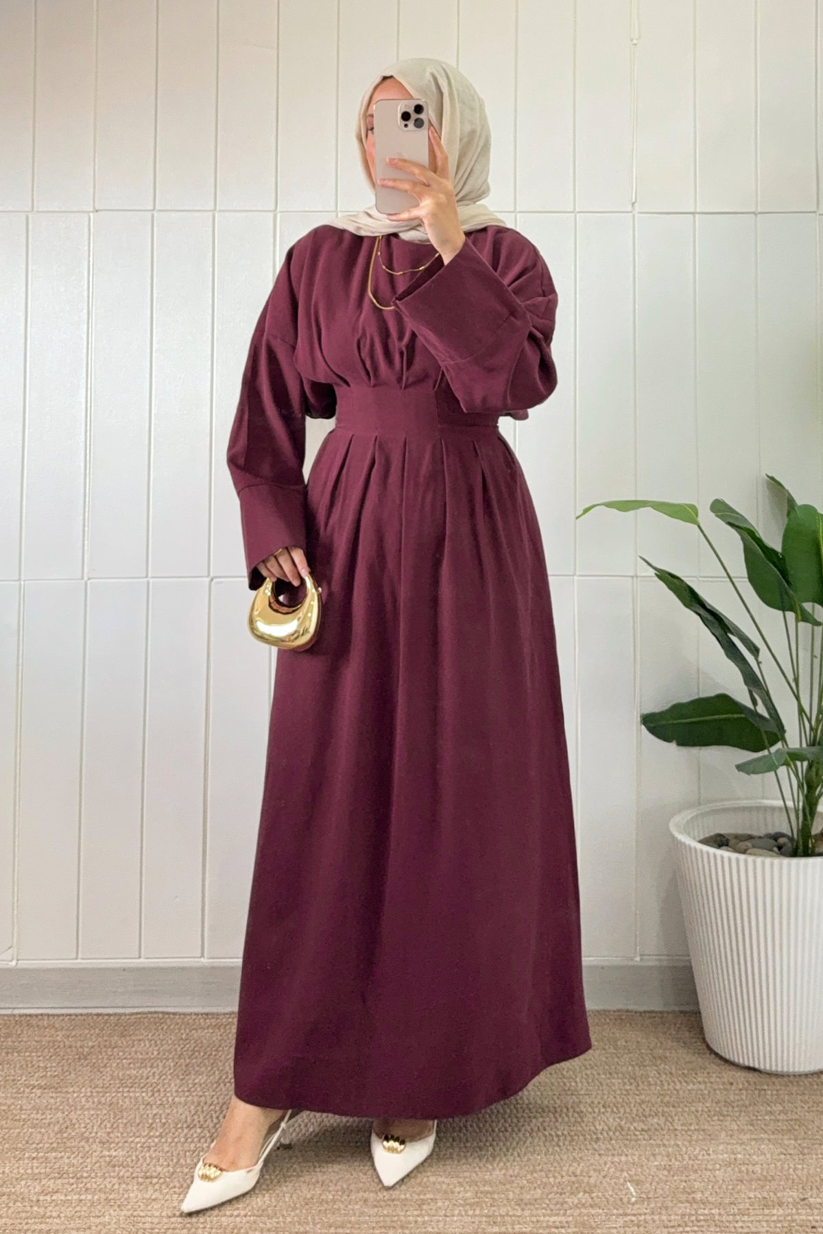 Bel Pile Detaylı Elbise 5521 - BORDO |  
