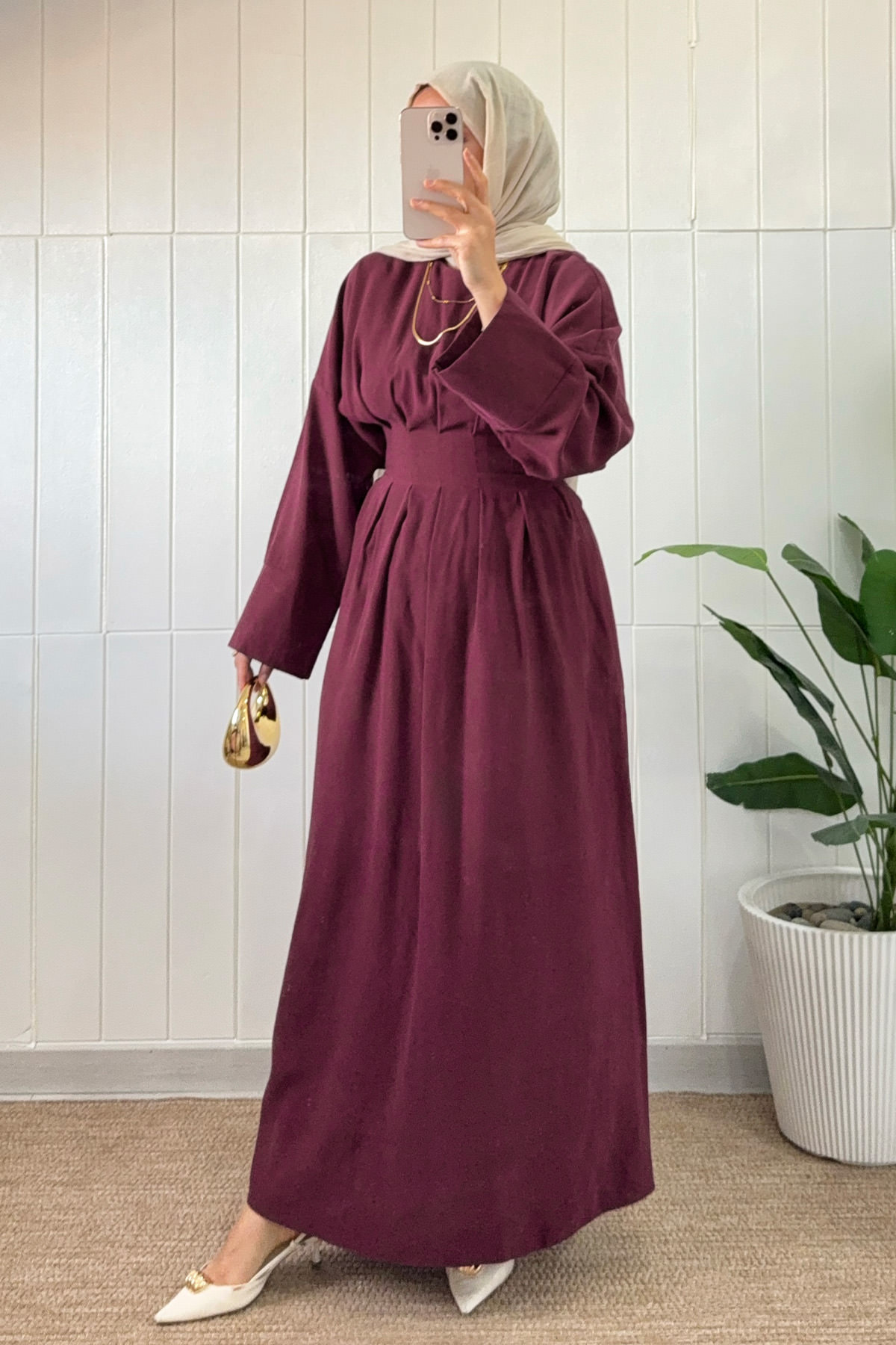 Bel Pile Detaylı Elbise 5521 - BORDO |  