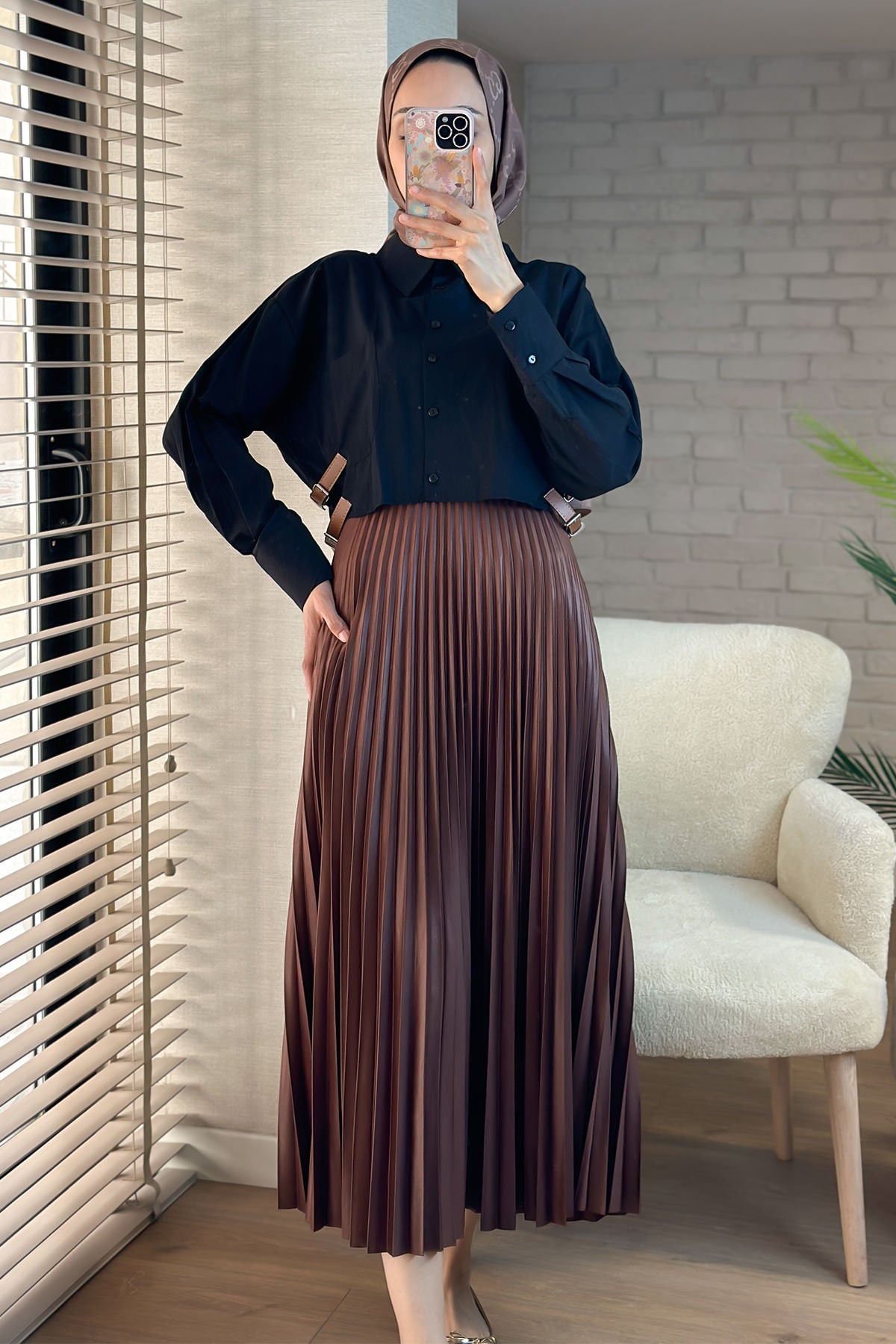 5005 Pliseli Etek - KAHVERENGİ | zenne.com 