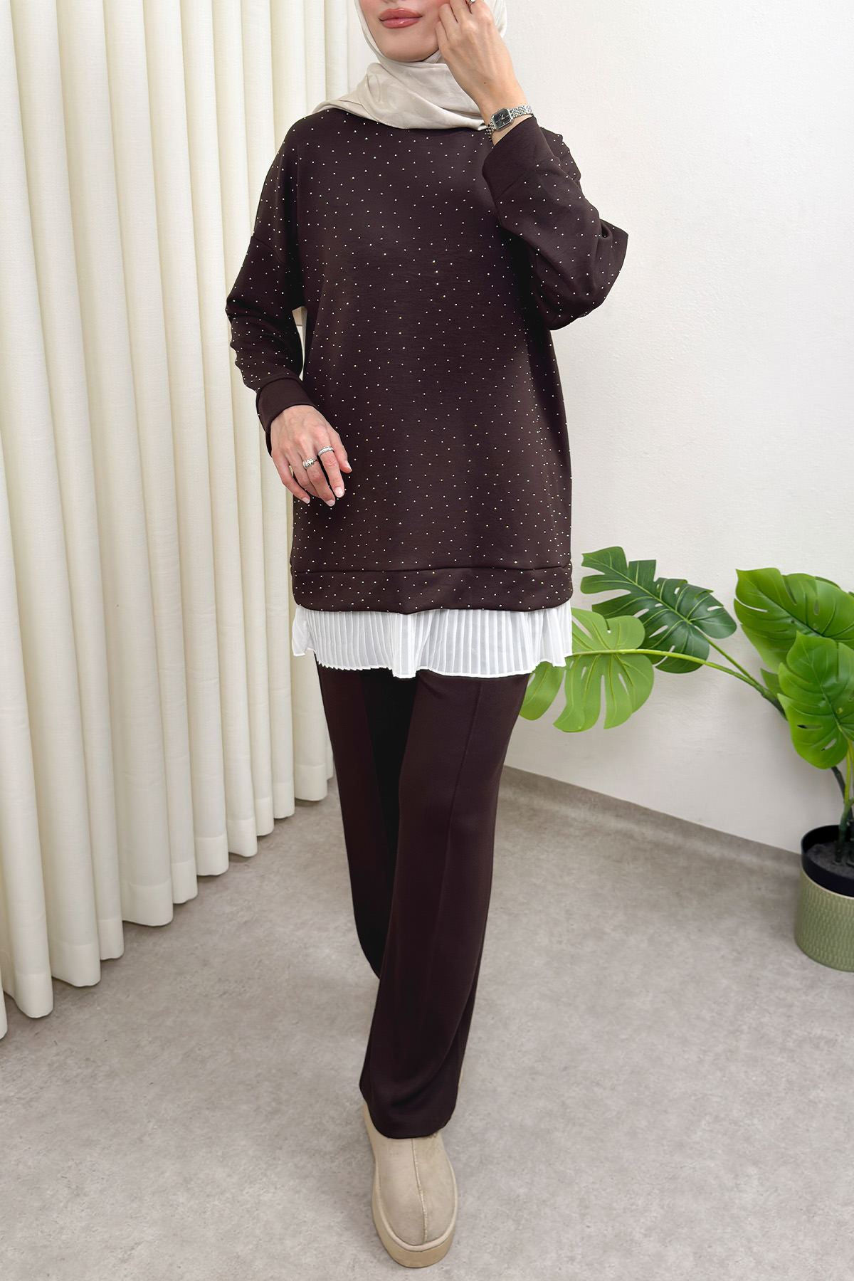 Altı Pliseli Tunik Takım 58122 - KAHVERENGİ |  