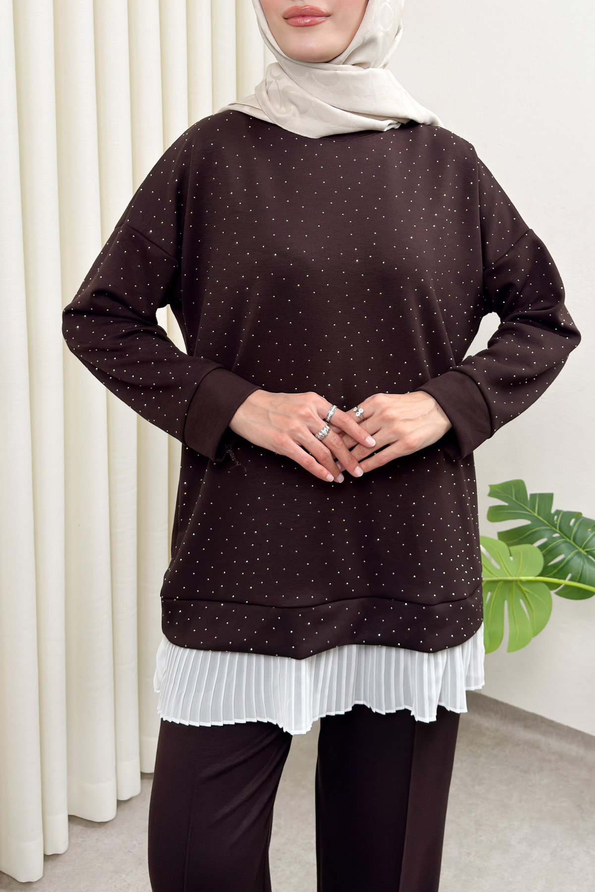 Altı Pliseli Tunik Takım 58122 - KAHVERENGİ |  