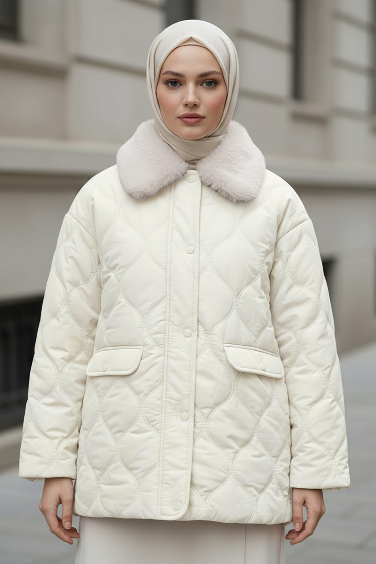 Yakası Kürklü Şişme Mont 5904 - KREM |  