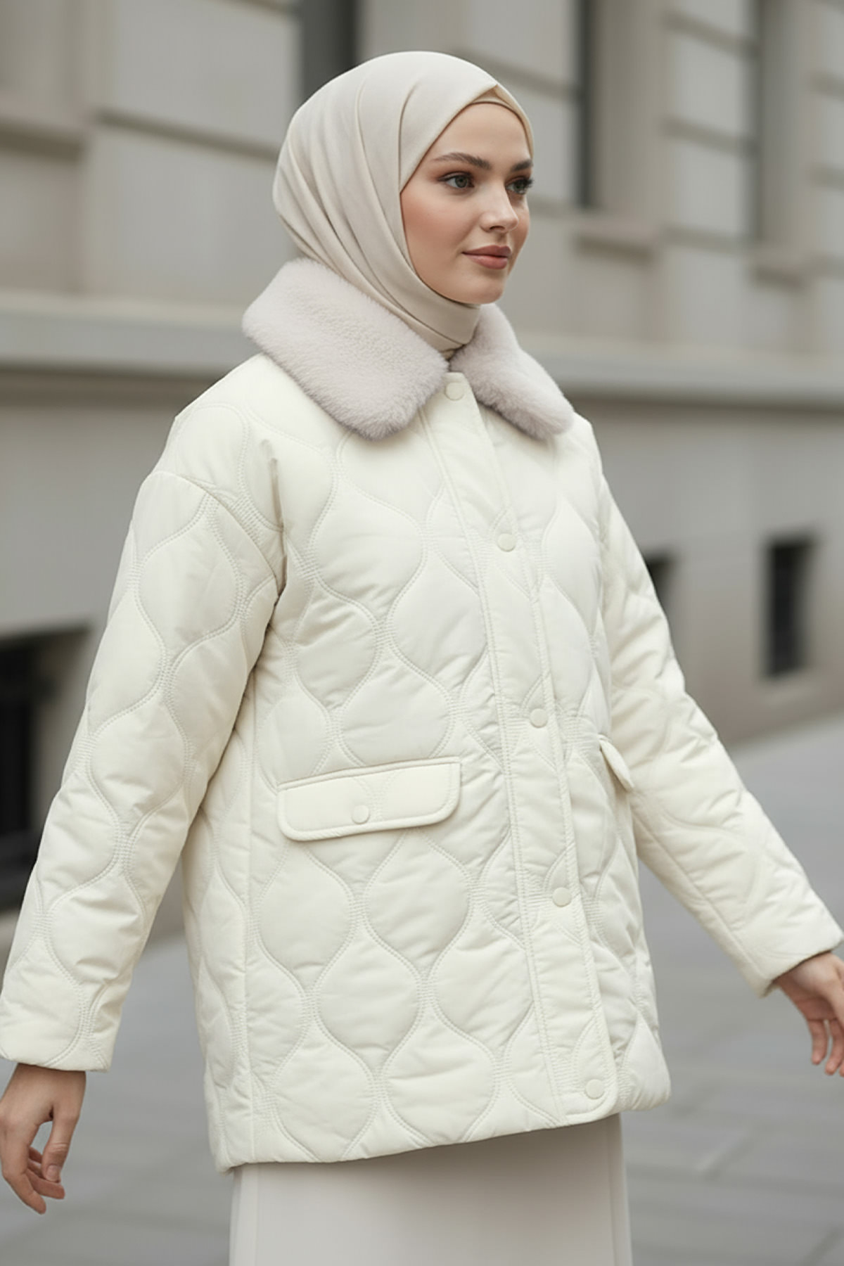 Yakası Kürklü Şişme Mont 5904 - KREM |  