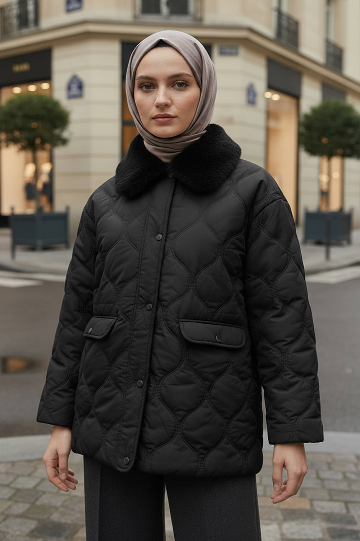 Yakası Kürklü Şişme Mont 5904 - SİYAH |  