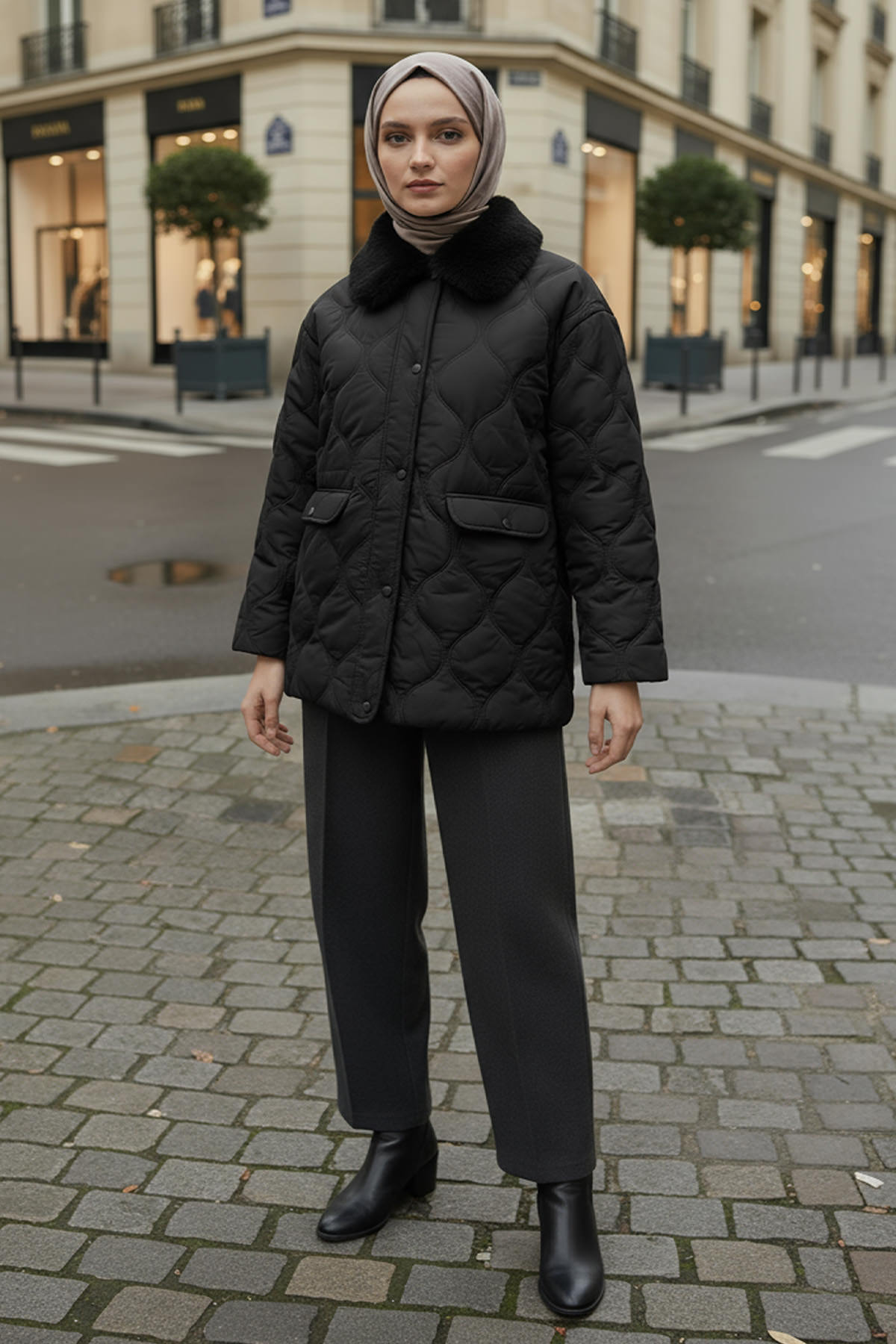 Yakası Kürklü Şişme Mont 5904 - SİYAH |  