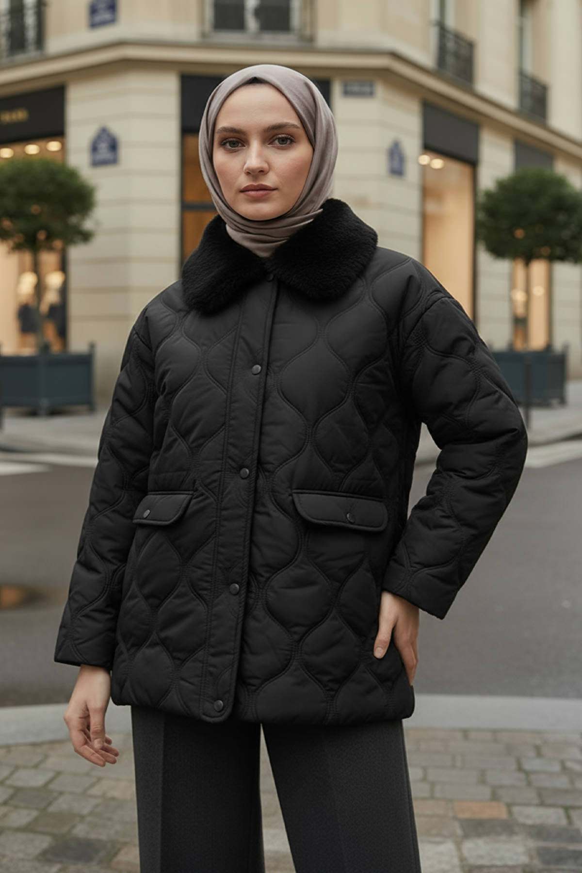 Yakası Kürklü Şişme Mont 5904 - SİYAH |  