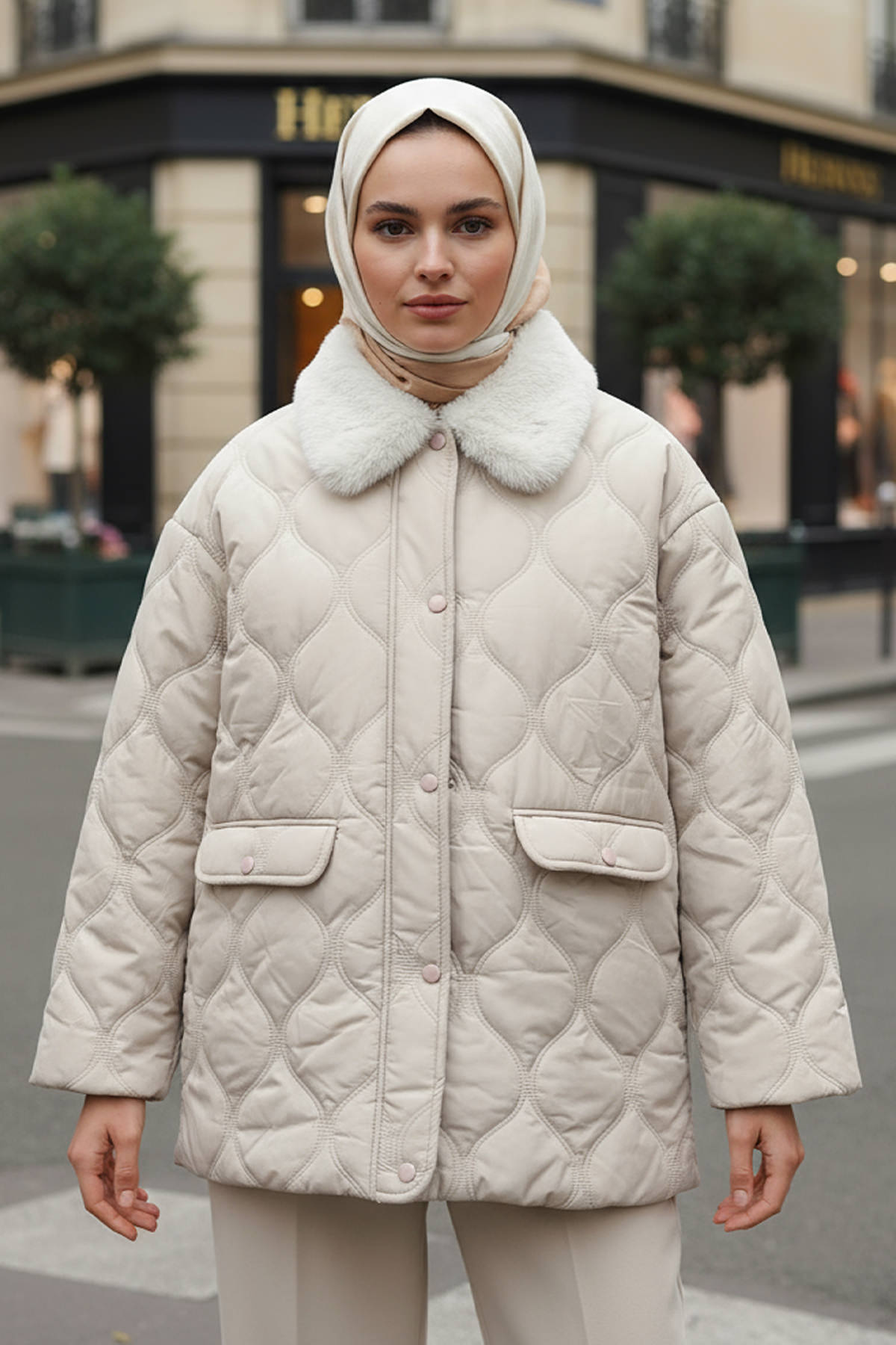 Yakası Kürklü Şişme Mont 5904 - TAŞ RENGİ |  