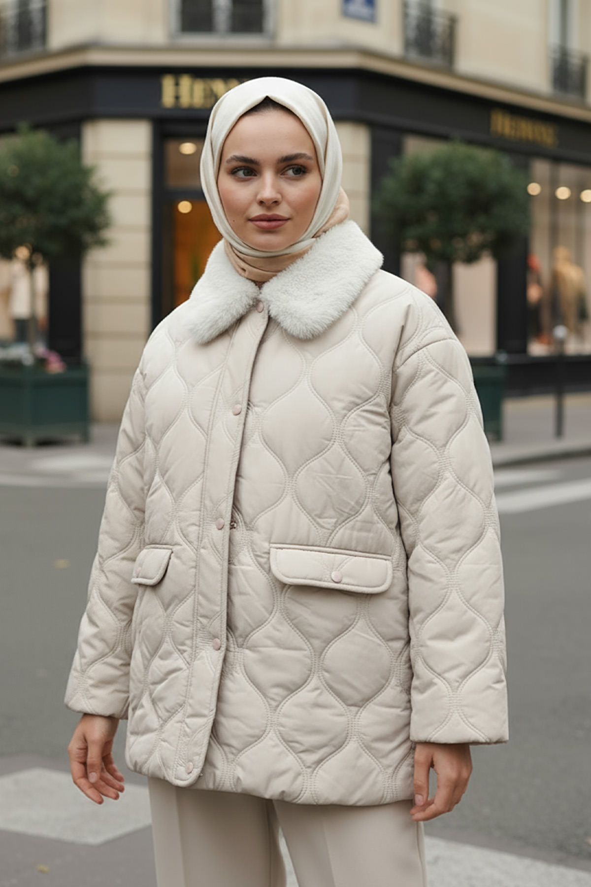 Yakası Kürklü Şişme Mont 5904 - TAŞ RENGİ |  