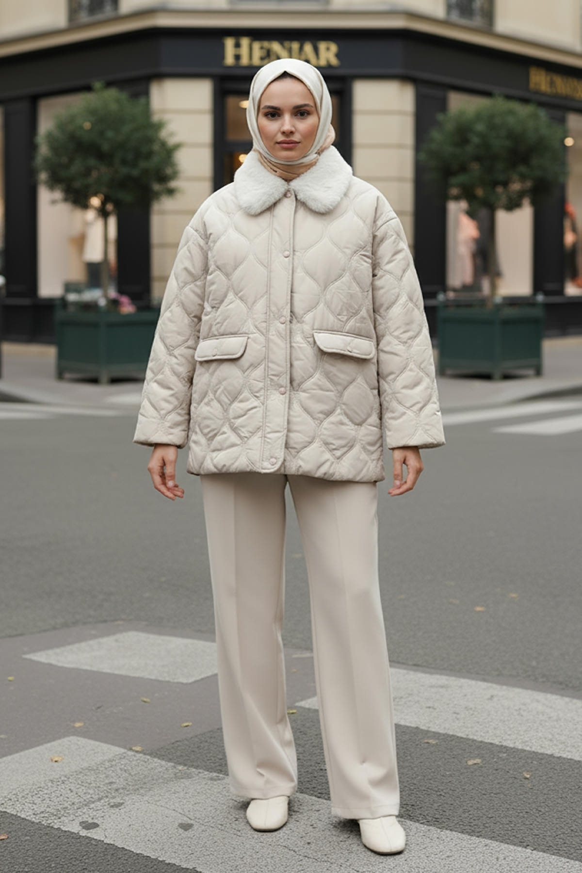 Yakası Kürklü Şişme Mont 5904 - TAŞ RENGİ |  