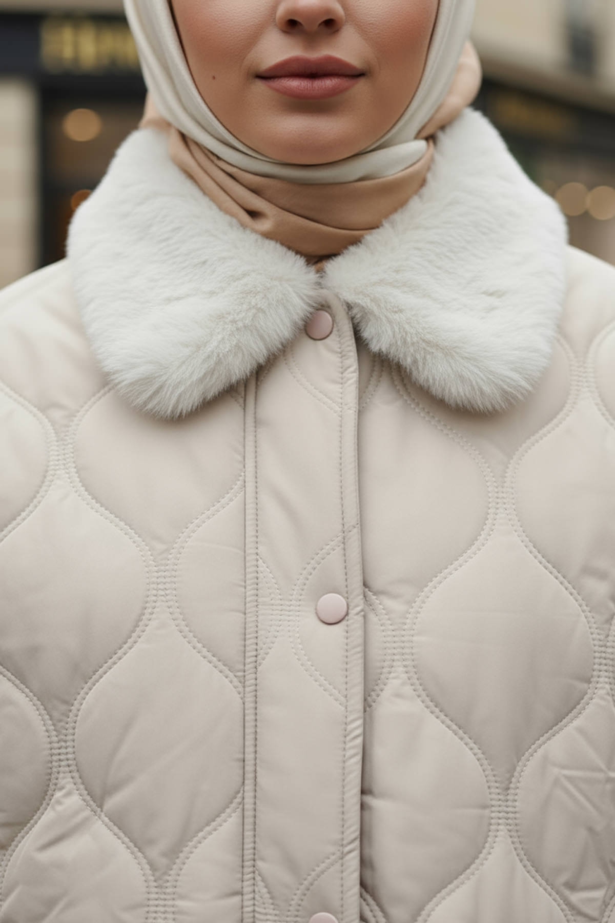 Yakası Kürklü Şişme Mont 5904 - TAŞ RENGİ |  