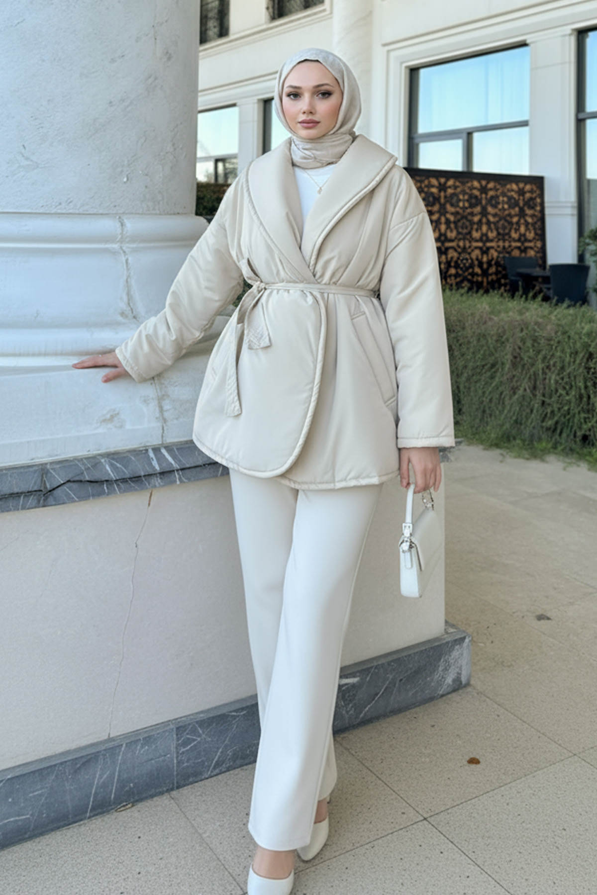 Düz Kuşaklı Şişme Mont 5912 - TAŞ RENGİ |  