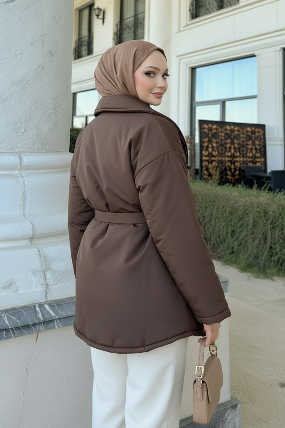 Düz Kuşaklı Şişme Mont 5912 - KAHVERENGİ | zenne.com 