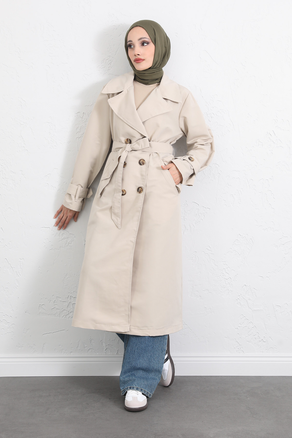 Arka Pile ve Düğme Detaylı Trençkot 5979 - TAŞ RENGİ |  