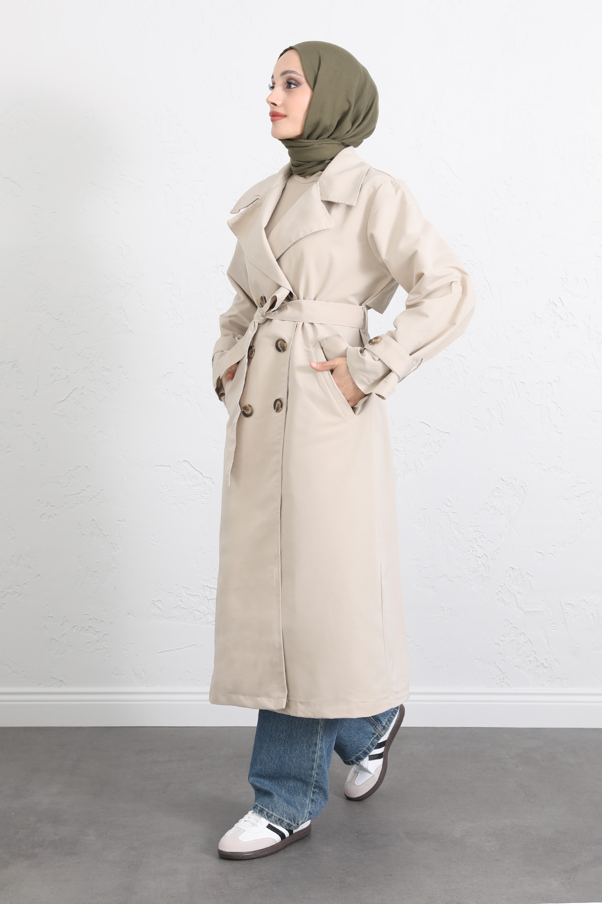 Arka Pile ve Düğme Detaylı Trençkot 5979 - TAŞ RENGİ |  