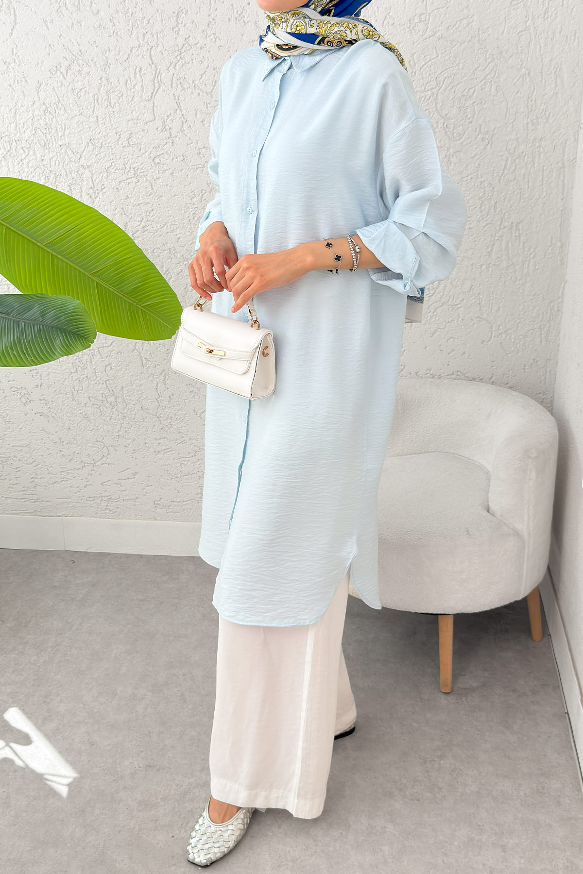 Düğmeli Uzun Tesettür Tunik 612139 - BEBE MAVİSİ |  