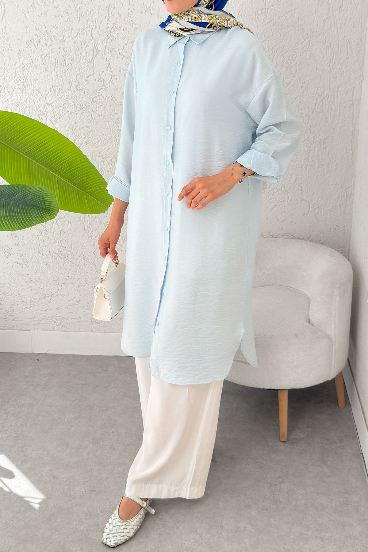 Düğmeli Uzun Tesettür Tunik 612139 - BEBE MAVİSİ |  