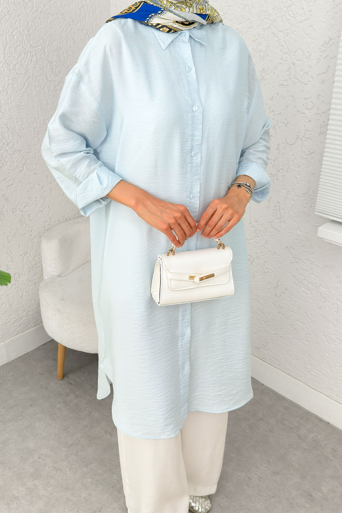 Düğmeli Uzun Tesettür Tunik 612139 - BEBE MAVİSİ |  