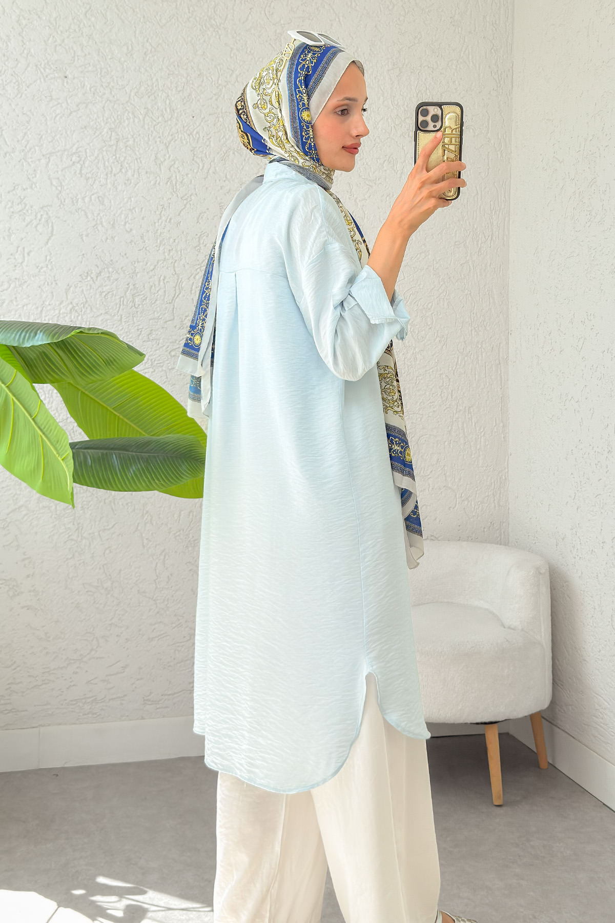 Düğmeli Uzun Tesettür Tunik 612139 - BEBE MAVİSİ |  