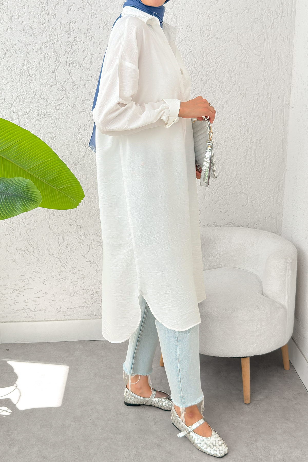 Düğmeli Uzun Tesettür Tunik 612139 - BEYAZ |  