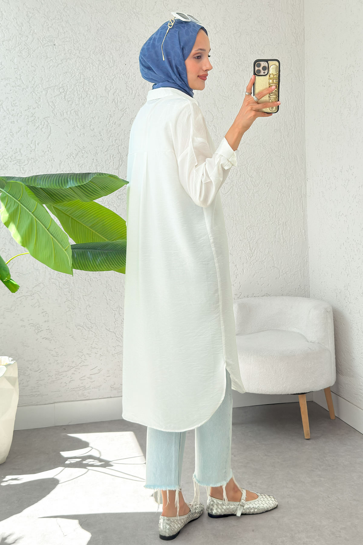 Düğmeli Uzun Tesettür Tunik 612139 - BEYAZ |  