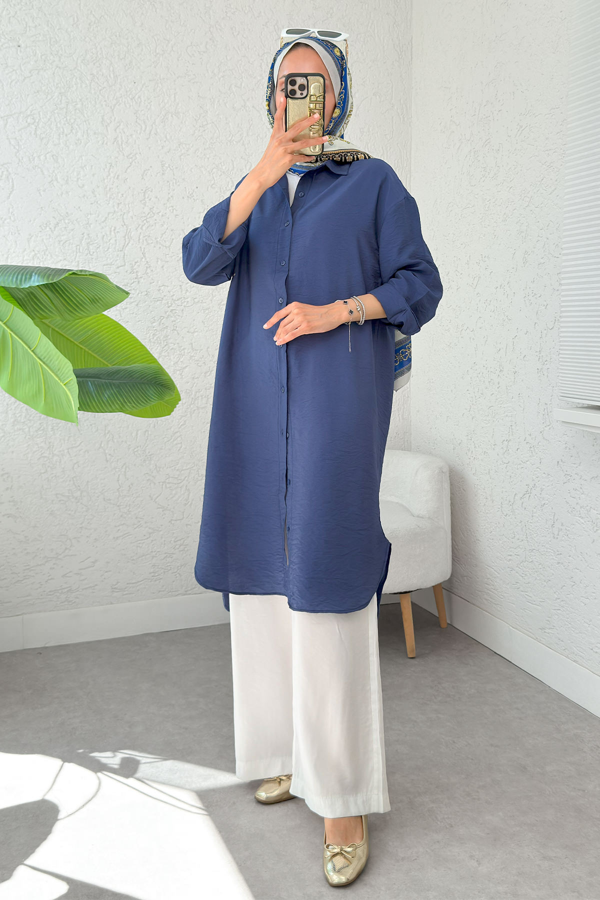 Düğmeli Uzun Tesettür Tunik 612139 - LACİVERT |  