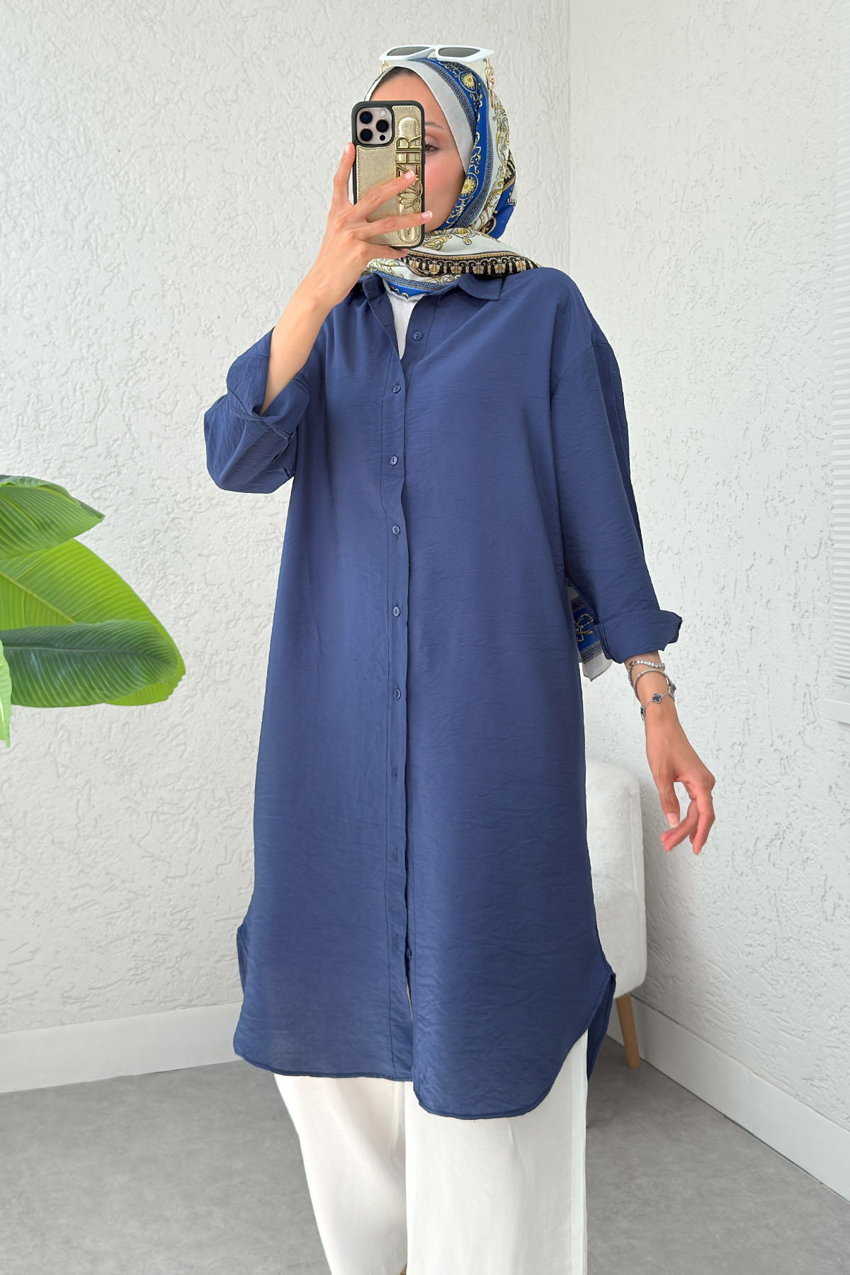 Düğmeli Uzun Tesettür Tunik 612139 - LACİVERT |  