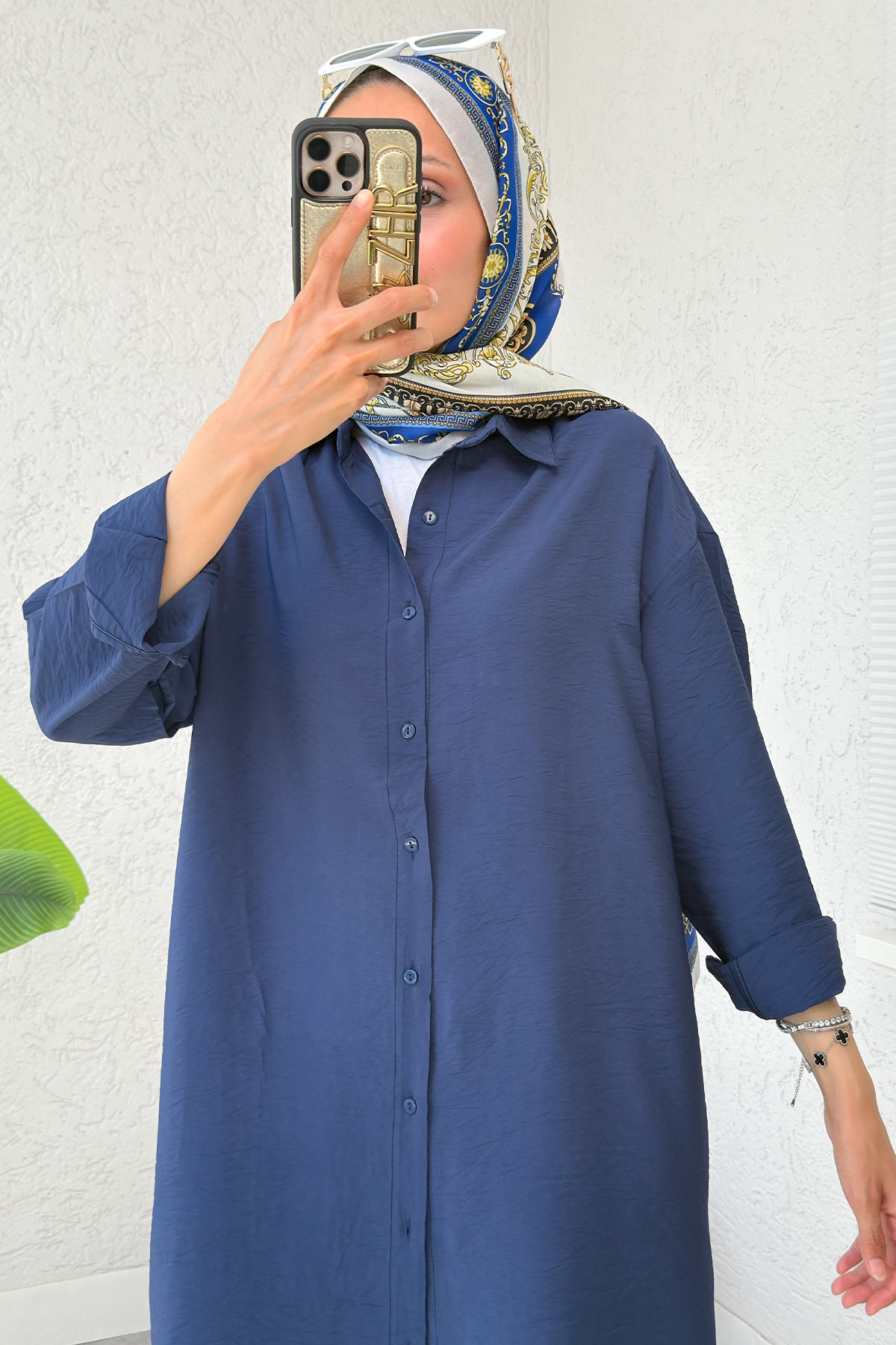 Düğmeli Uzun Tesettür Tunik 612139 - LACİVERT |  