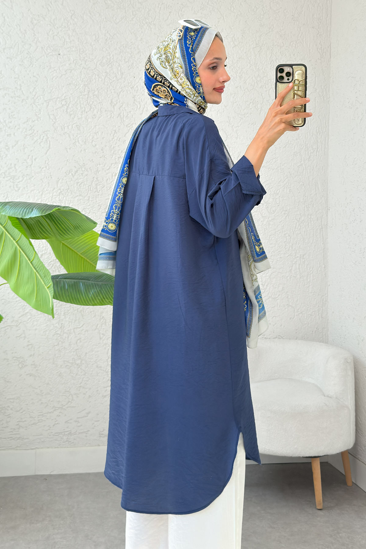 Düğmeli Uzun Tesettür Tunik 612139 - LACİVERT |  