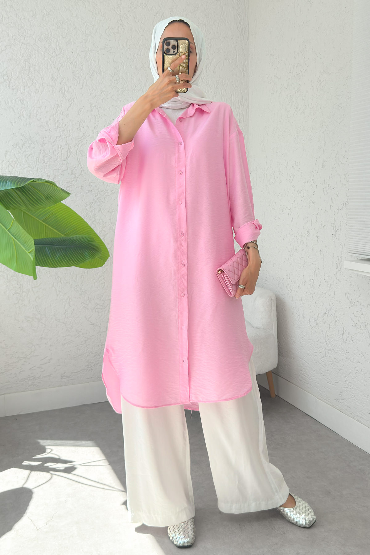 Düğmeli Uzun Tesettür Tunik 612139 - PEMBE |  