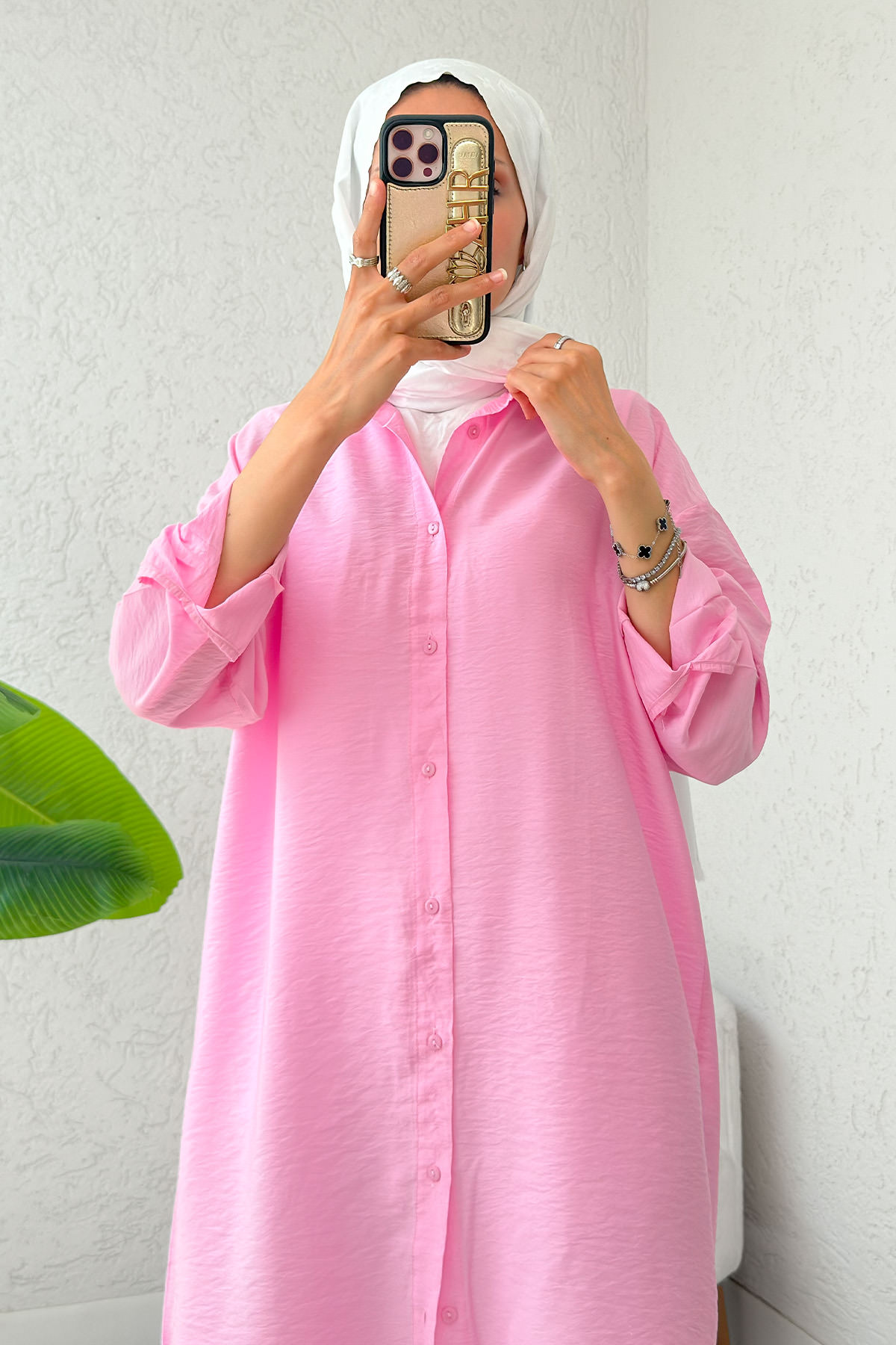 Düğmeli Uzun Tesettür Tunik 612139 - PEMBE |  