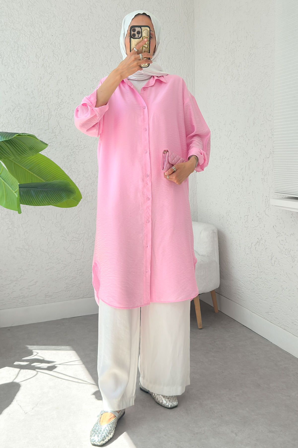 Düğmeli Uzun Tesettür Tunik 612139 - PEMBE |  