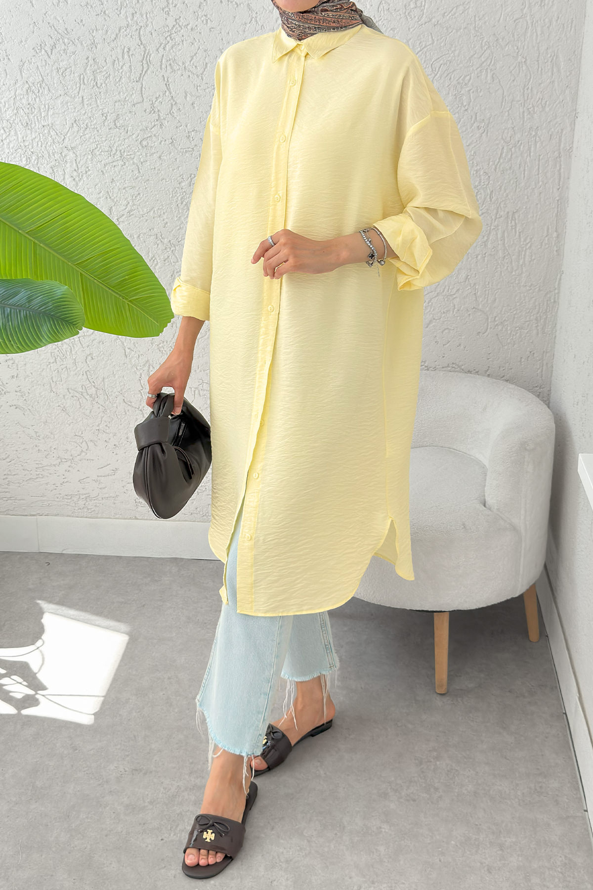 Düğmeli Uzun Tesettür Tunik 612139 - SARI |  