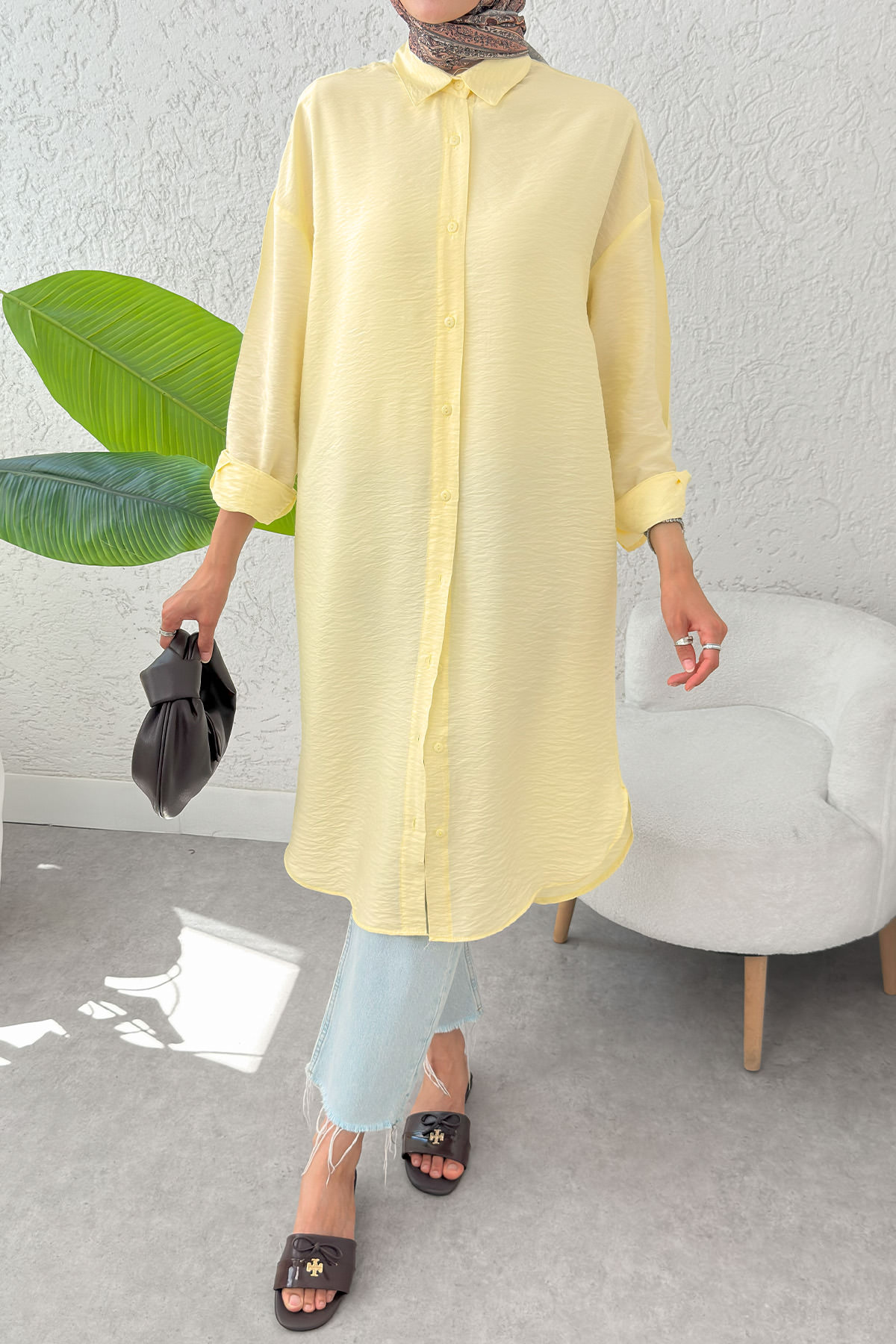 Düğmeli Uzun Tesettür Tunik 612139 - SARI |  