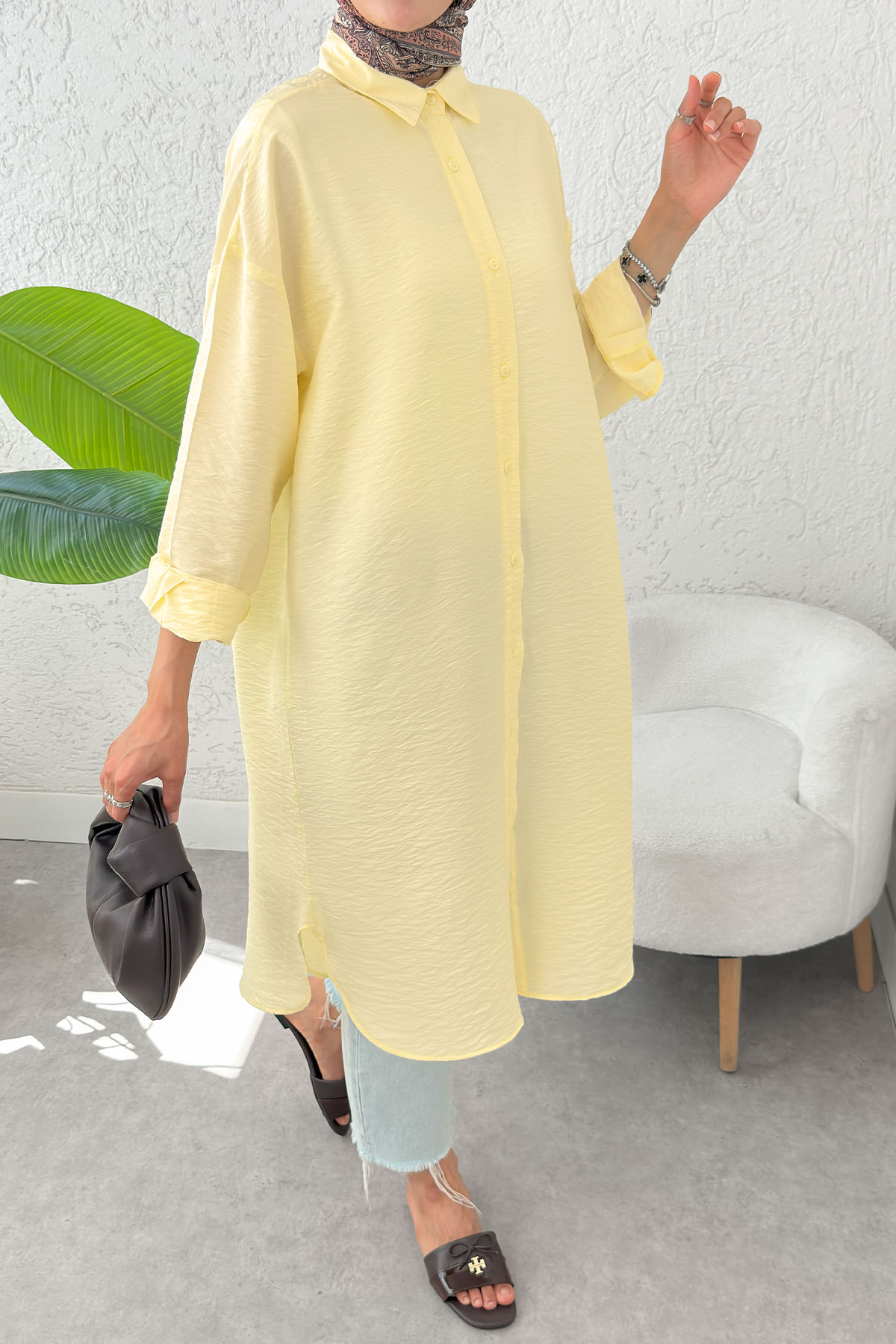 Düğmeli Uzun Tesettür Tunik 612139 - SARI |  