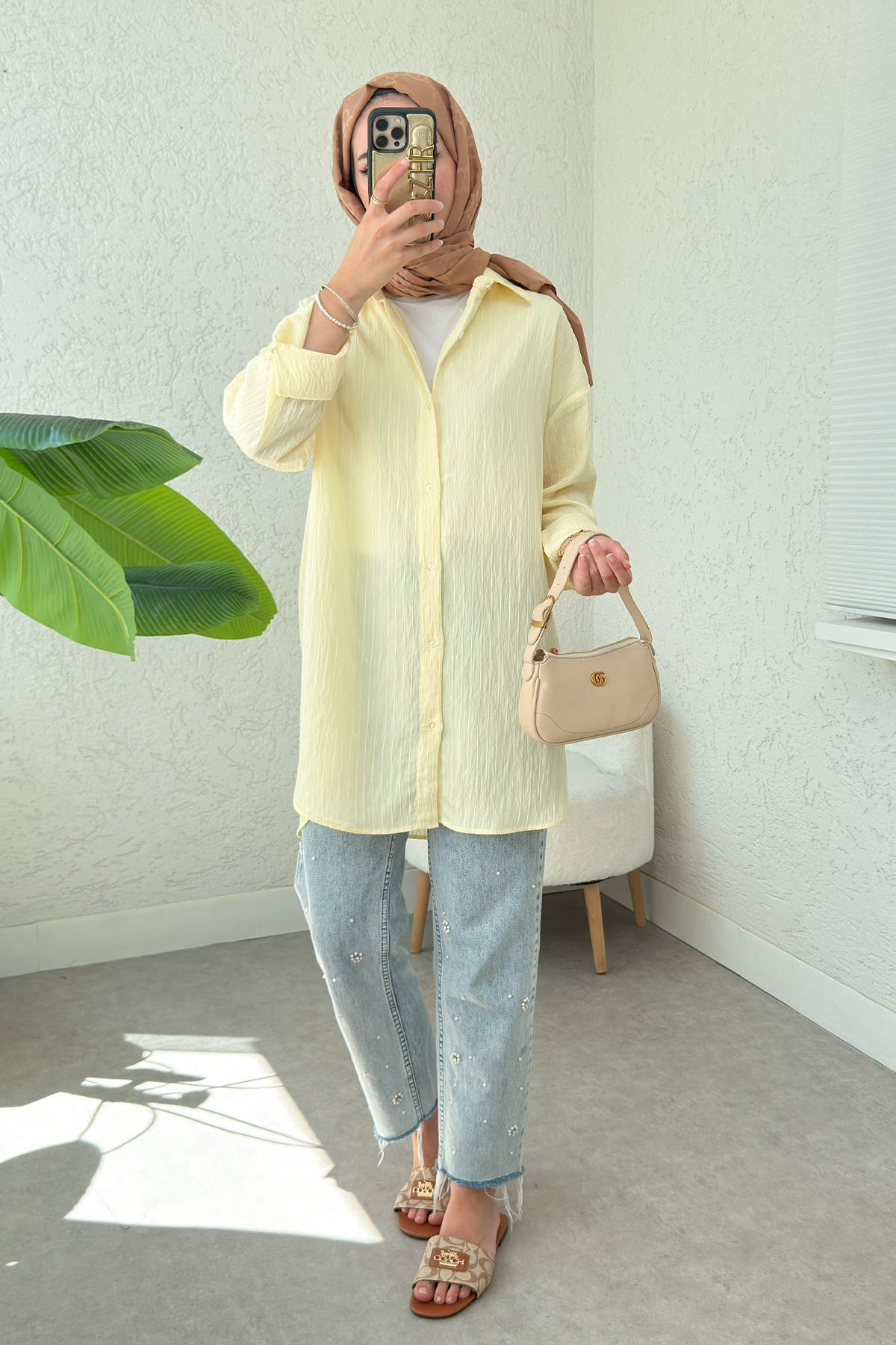 Düğmeli Tesettür Gömlek 613128 - SARI |  