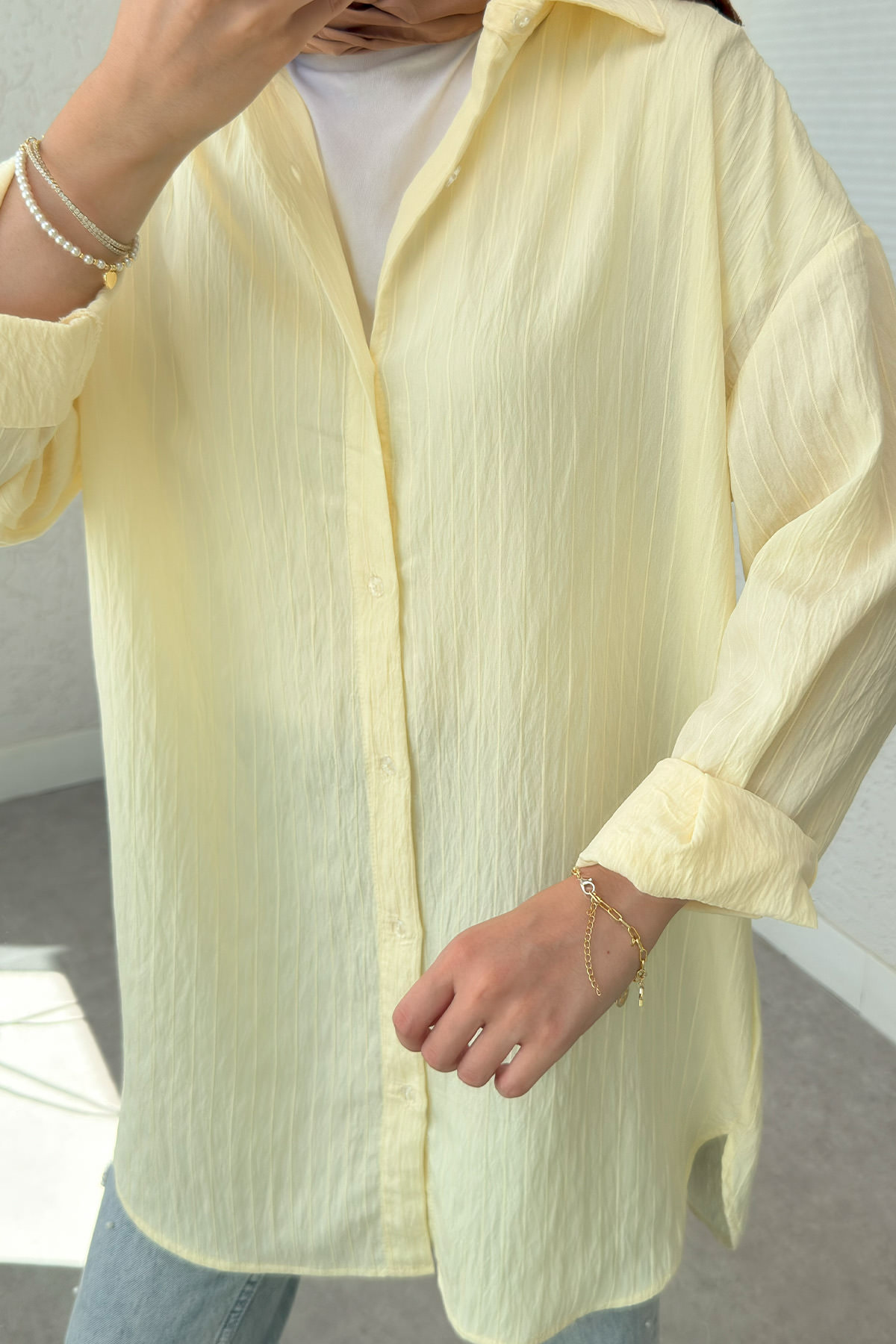 Düğmeli Tesettür Gömlek 613128 - SARI |  