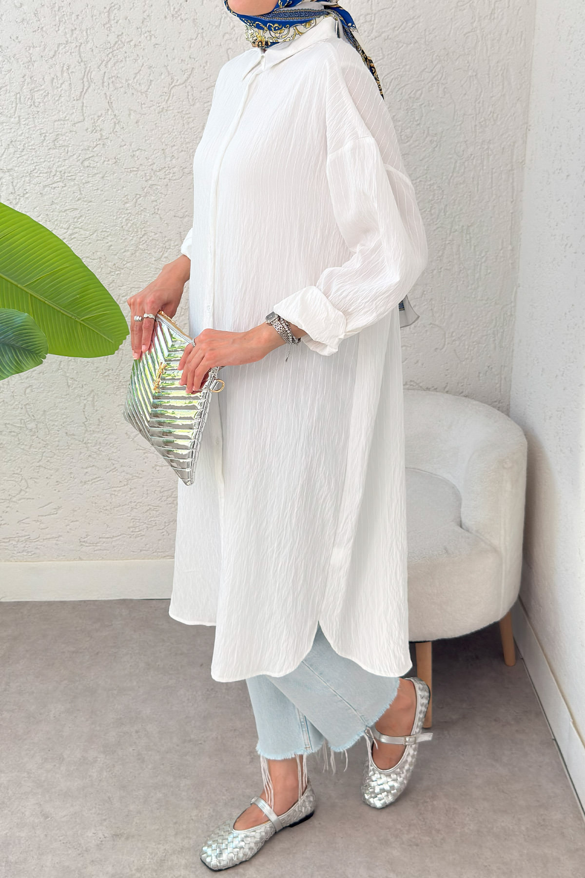 Çizgili Uzun Tesettür Tunik 613129 - BEYAZ |  