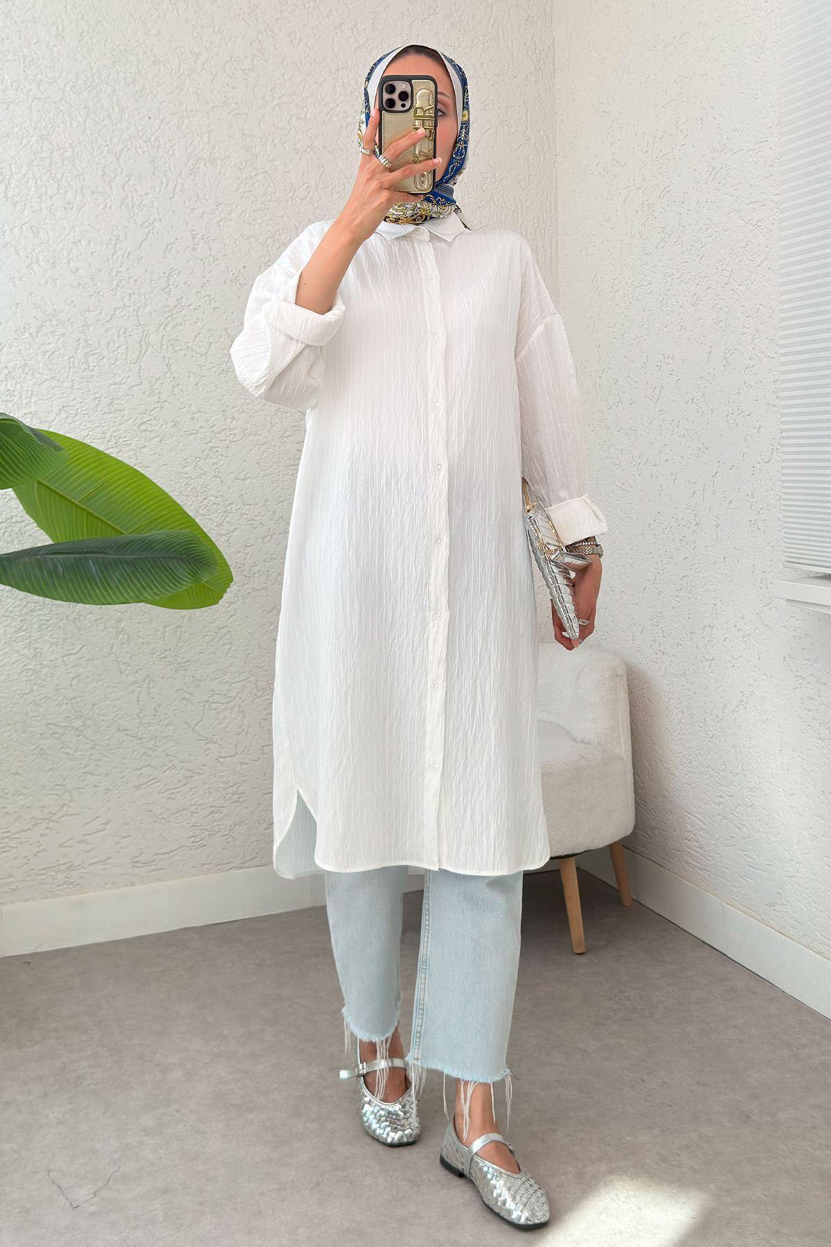 Çizgili Uzun Tesettür Tunik 613129 - BEYAZ |  