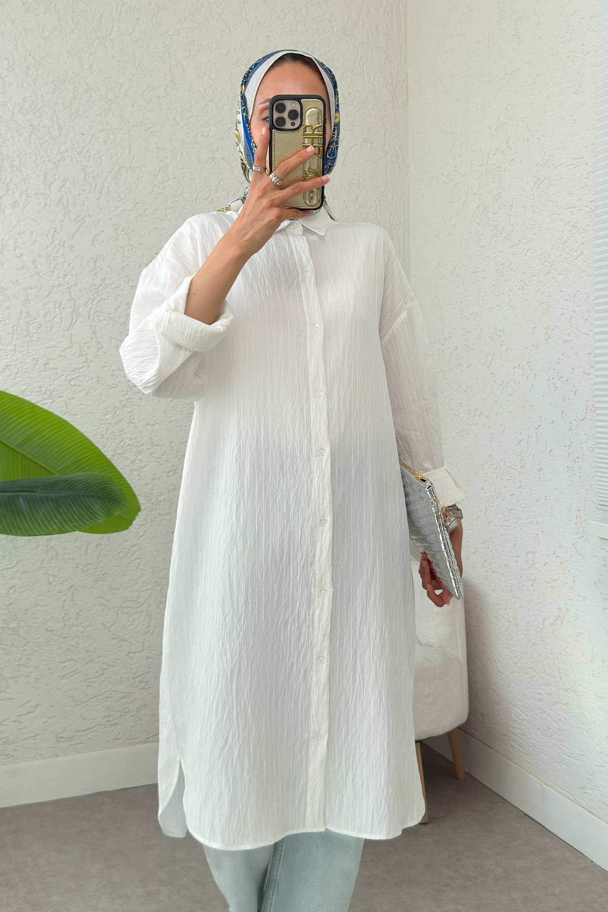 Çizgili Uzun Tesettür Tunik 613129 - BEYAZ |  